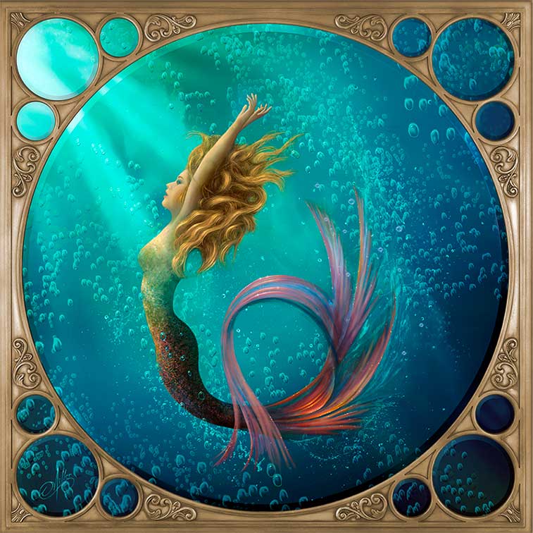 Mermaid Painting Gold Frame "Sea Goddess" choose wall color.